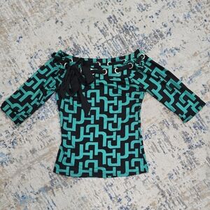 Pastels Black & Green Geometric Grommet Blouse Size M